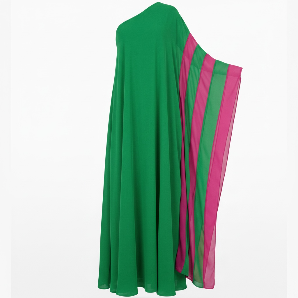 Fuchsia & Green One-Shoulder Maxi Dress