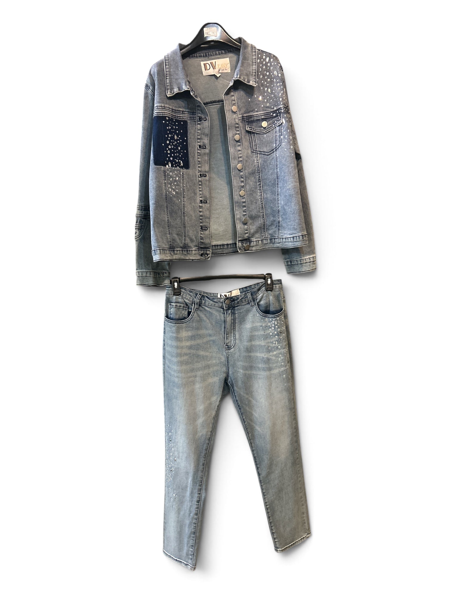 DV Jeans by Donna Vinci Rhinestone Embellished Denim Jacket and Jean Set